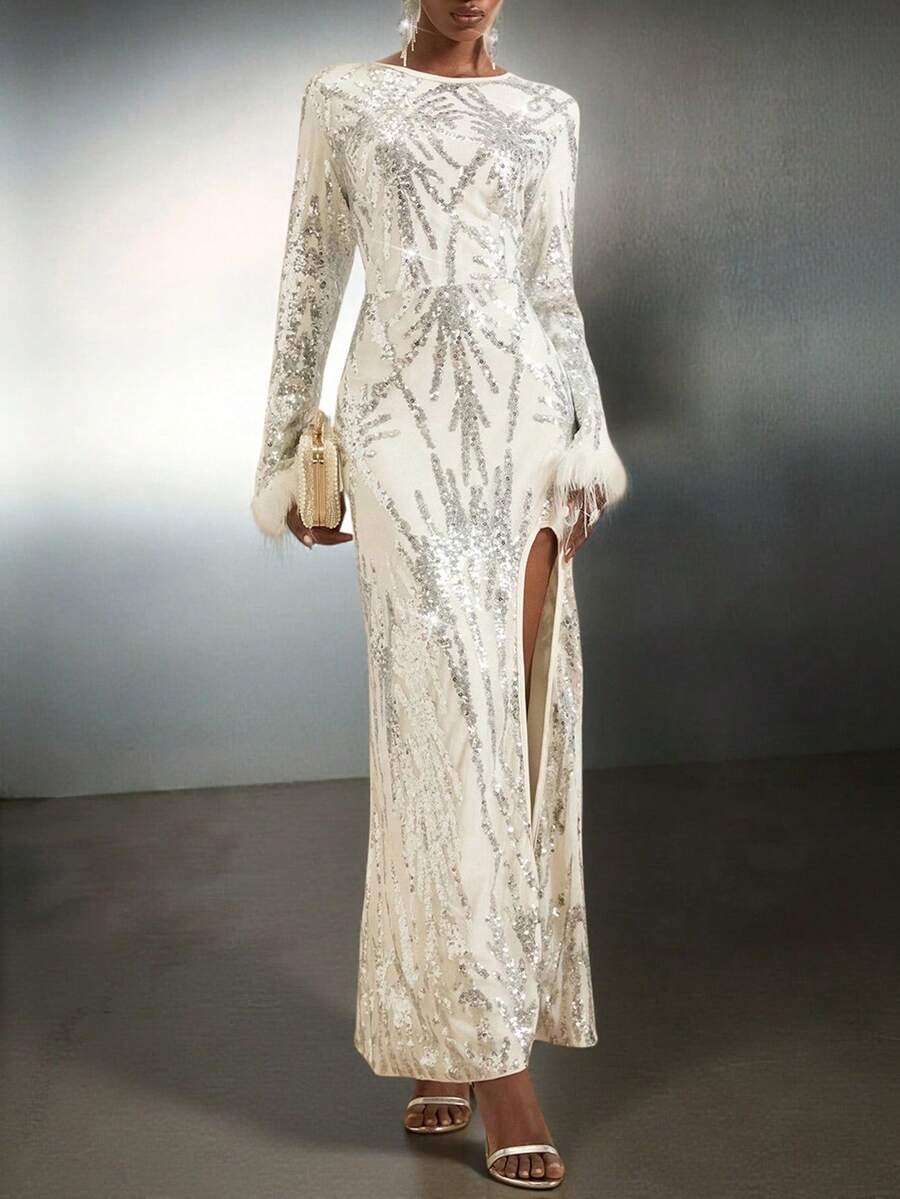 SHEIN Veneréa Women's Sequin Bodycon Dress, Long Sleeve - Beige - View 1