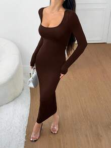 SHEIN PETITE 女士秋冬基础款针织灰色修身方领长袖连衣裙 - 棕色 - 查看 6