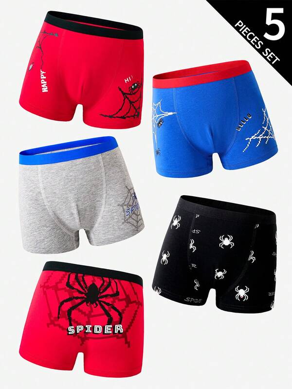 5pcs Kids Cotton Comfortable Cute Colorful Spider Print Underwear Briefs For Young Boys Back To School Fashion