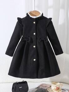 Elladie kids 女童秋冬甜美公主风浅蜜桃色荷叶边领蝴蝶结装饰中长款外套，韩版甜美风羊毛外套，适合日常上学、家庭休闲、节日聚会（如生日派对、新年拜访等），实用又时尚 - 黑色 - 查看 6