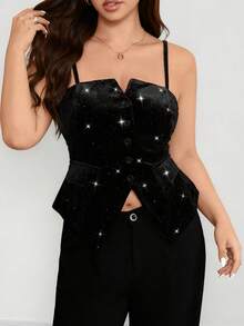 Elenzga Camizolă din catifea cu sclipici pentru femei, mărimi mari, elegantă pentru petrecere, cocktail, Revelion, bar, Crăciun, camizolă neagră strălucitoare versatilă - Negru - Vizualizare 7