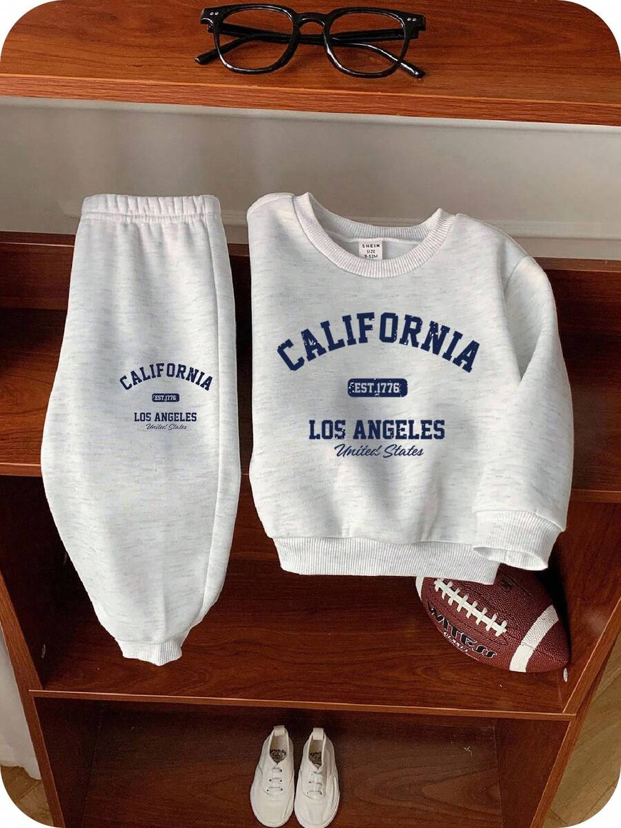 SHEIN 男婴两件套保暖圆领卫衣和运动裤套装，舒适休闲基础款，适合室内、室外、日常穿着、运动、派对、拍照、节日、街头穿搭，秋冬季男婴毛衣套装，两件套，男婴街头服饰 - 灰色 - 查看 1