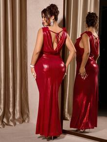 SHEIN Tall CURVE New Fashionable Red Glamorous Backless Asymmetric Plus Size Evening Dress - Red - View 2