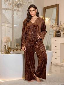 LuxeNights Plus Size Middle Eastern Elegant Velvet Leopard Embossed V-Neck Top & Pants Sleepwear Pajama Set, Fall & Winter Clothes Brown Leopard Print Pajama Set Women Lounge Sets Brown Leopard Print Pajama Set Brown Pajama Set Women Leopard Pajamas Women