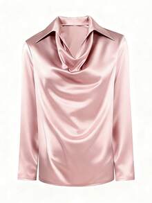 SHEIN 女士时尚优雅翻领粉色缎面衬衫，休闲百搭，适合工作和约会 - 淺粉色 - 查看 6