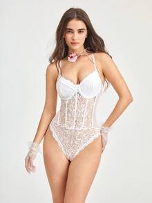 Bonmuse Romantic Lace Trim Figure-Hugging Backless Jumpsuit, Slim & Sexyfor Summer - White - View 1