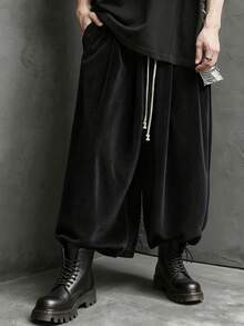 Claim Dot 男士灯芯绒休闲宽松阔腿七分裤，时尚百搭，冬季必备 - 黑色 - 查看 3