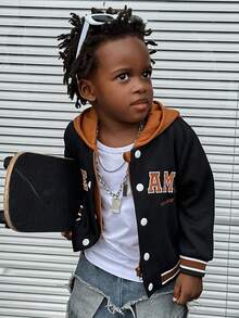 Baby Boys Hooded Jacket With English Slogan Embroidery, 2 In 1, Streetwear Sports Style, Suitable For Outings, Vacations, Photo Shoots, Campus And More, Autumn/Winter - Multicolor - View 4