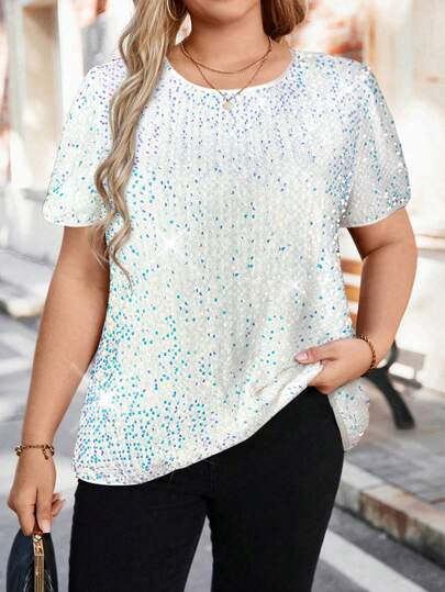 SHEIN Clasi Plus Size Round Neck Raglan Short Sleeve Casual Sequin Loose Blouse