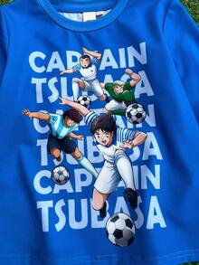 Captain Tsubasa X SHEIN 男童休闲足球运动员图案印花字母圆领长袖针织蓝色T恤 - 藍色 - 查看 4