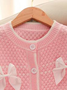 Tween Girl 手工蝴蝶结短款开衫和荷叶边下摆针织迷你裙套装 - 粉色 - 查看 5