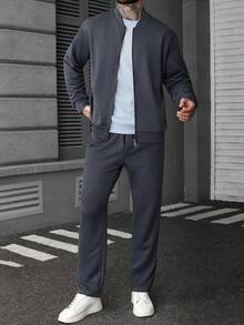 Manfinity Homme Plus Size Men Solid Color Long Sleeve Zip-Up Baseball Collar Jacket And Pants Casual Suit, Autumn Men Casual Suit Mens 2 Piece Leisure Suits Men 2 Piece Set Spring Fall Men Suit Set Grey Men Joggers Suit Old Money,Daily Leisure, Weekend Trips, Outdoor Activities, Travel Expeditions, Relaxed Work Environments Or Semi-Formal Occasions, Boyfriend/Husband Gift, Anniversary Gift Party Christmas