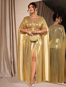 Cravure Plus Size Metallic Swan Velvet V-Neck Wrap Dress With Long Sleeves, Side Slit, Elegant For Party, Banquet, Date, Gathering