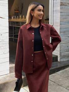 DAZY Women's Casual Collared Top And Skirt 2 Pieces Set, Autumn/Winter - Red - View 5
