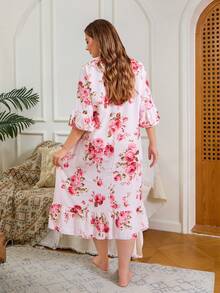 Serenescape V领荷叶边印花加大码睡裙女式睡衣女式睡袍女式家居服套装印花睡衣套装女式睡袍，宽松睡裙 - 彩色 - 查看 6