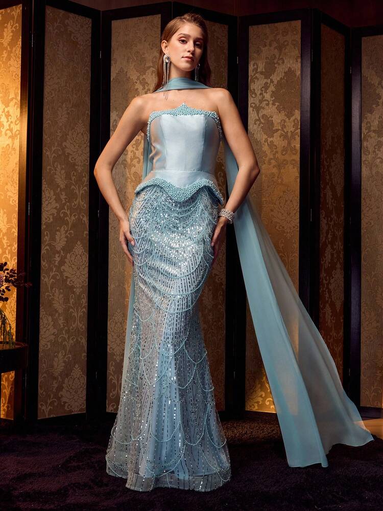 WOMEN'S ELEGANT STRAPLESS FAUX PEARL-ACCENTED SWEETHEART NECKLINE & DETACHABLE TIE SATIN-BEADED FLOOR-LENGTH MERMAID PARTY GOWN – FORM-FITTING BODICE, BACK CORSET LACING & SHEER CAPE FOR FORMAL EVENTS, GALAS & WEDDINGS, PAIR WITH STATEMENT JEWELRY & STRAPPY HEELS