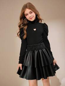 SHEIN 2件套 少女休闲圣诞新年红色T恤和红色格子裙 - 黑色 - 查看 7
