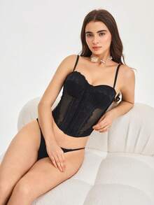 Bonmuse 网纱束身胸衣蕾丝女士塑身衣黑色外套吊带网纱胸衣，前扣细肩带 - 黑色 - 查看 4