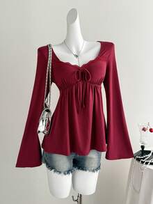 Sweetra 女士复古优雅V领扭结设计长袖T恤，百搭杏色，秋冬款 - 酒紅色 - 查看 3