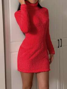 SHEIN EZwear 女士红色毛绒高领紧身圣诞连衣裙 - 紅色 - 查看 3