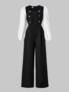 SHEIN Sparklyn 少女泡泡袖修身连体裤，搭配装饰性多纽扣拼色阔腿裤