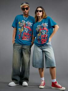 Transformers X SHEIN 1pc Men's Casual Fashion Street Daily Commute Cartoon Robot & Letter Graphic Loose Fit T-Shirt, Summer - Blue - View 4