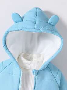 SHEIN Playful Pals 男婴幼儿0-3岁日常休闲百搭保暖抓绒熊耳连帽衫外套，秋冬季 - 藍色 - 查看 4