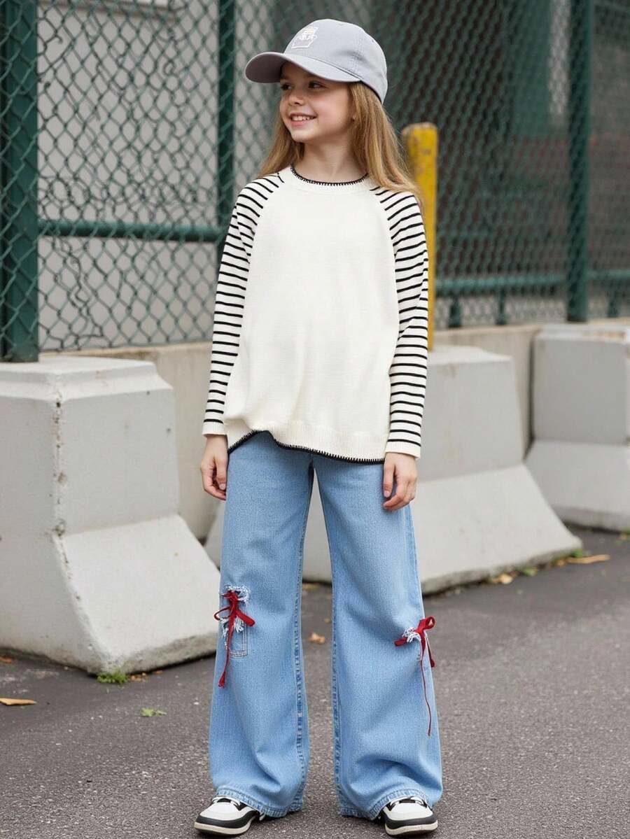 Herbst/Winter Neue Mädchen gestreifte Patchwork Strickpullover, minimalistischer erhöhter locker sitzender Pullover, Nischen Design Schwarz & Weiß Kontrast Langarm Lässig Pullover für Mädchen - Verschiedenfarbig - Übersicht 1