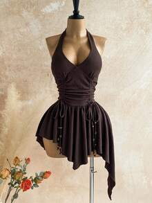 Soleia 新款性感深V领系带腰身木珠不对称下摆迷你连衣裙，适合派对、约会、夜店、波西米亚风、度假、秋季女装、复古风、假日穿着 - 棕色 - 查看 4