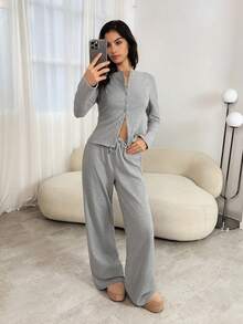 SHEIN Tall 女士纯色长袖单排扣上衣和裤子休闲两件套 长袖家居服套装 女士家居服两件套 女士保暖家居服 灰色两件套 女士长袖家居服套装 - 灰色 - 查看 7