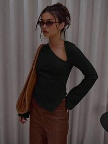 MUSERA Asymmetric Hem Cut Out Long Sleeve Knit Top Cute Classy Casual Streetwear Sexy Going Out Fall Autumn Toffee Evening Party Elegant Winter New Year Spring Sweater - Black - View 5