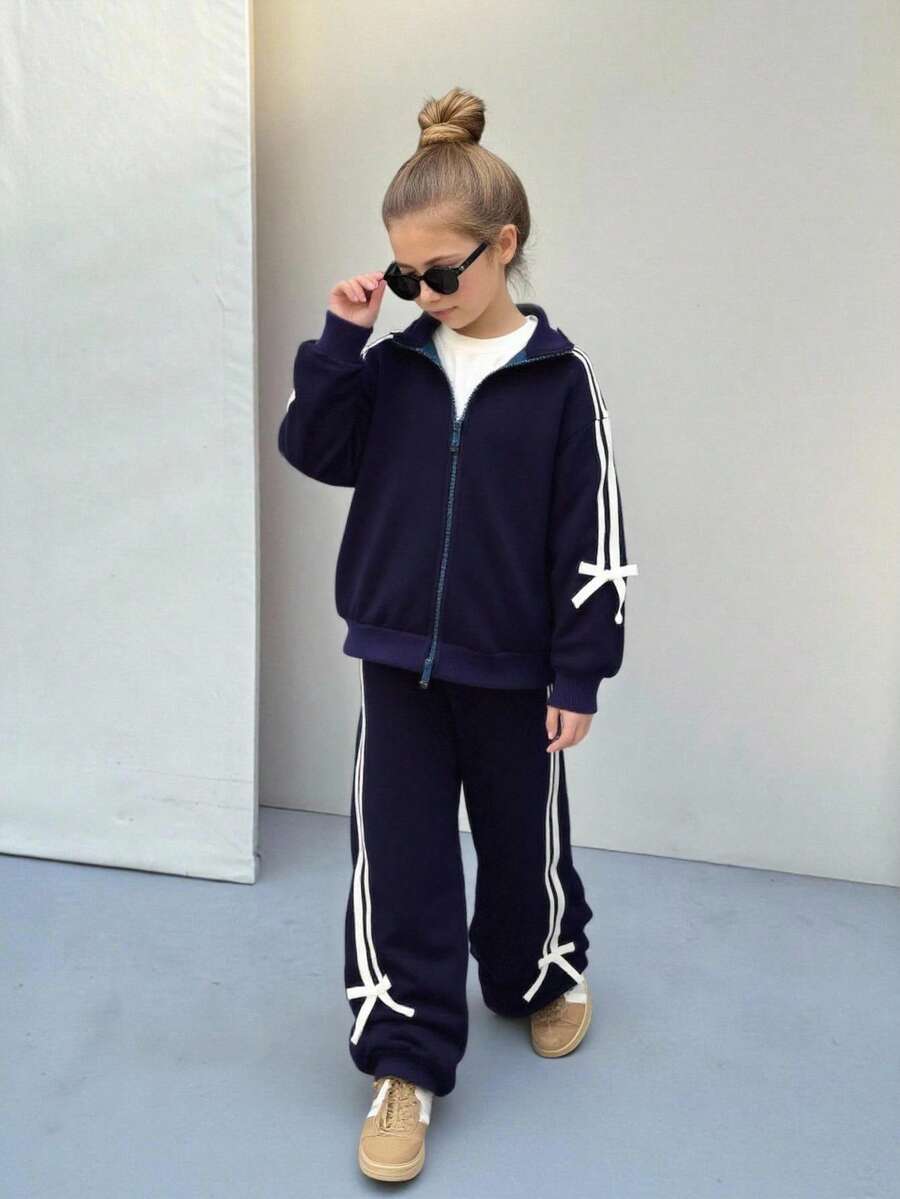 SHEIN 2pcs Young Girl Knitted Solid Color Casual Jacket And Long Pants Set - Royal Blue - View 1