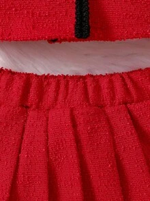 SHEIN Elladie kids Ensemble élégant 2 pièces pour bébé fille : jupe plissée et veste, convient pour les fêtes et les événements officiels, tenue de Noël rouge et noire pour bébé fille, première Noël, ensemble deux pièces d'hiver pour bébé fille, jupe set - Rouge - Voir 4
