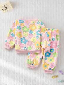 Cozy Pixies 2pcs Baby Girl Floral Print Thermal Lined Crew Neck Long Sleeve Sweatshirt And Elastic Waist Ankle Length Pants Set Soft Baby Girl Pajamas Baby Girl Warm Sets Cozy Baby Girl Set Baby Girl Flower Outfit Baby Girl Winter Clothes  Fashion