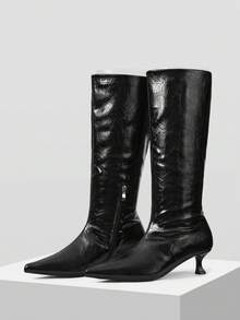 Mnmlis Giày bốt cao cổ màu đen với gót thấp thon gọn, giày bốt cao cổ mũi nhọn màu đen bóng với gót thấp thanh lịch - màu đen - Xem 2