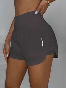 Easithlete 女士弹力腰带口袋宽松休闲双层短裤高腰健身短裤女士运动短裤 - 深灰色 - 查看 6