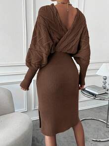 EMERY ROSE Batwing Sleeve Split Hem Wrap Sweater Dress Knitted Co Ord Setknitted Two Pieces Outfitsweater Skirt Setsweater Two Pieces Setwinter Two Pieces Set - Rust Brown - View 2