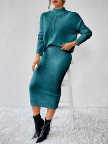 EMERY ROSE 女士纯色立领落肩长袖毛衣和针织中长裙两件套，秋冬季休闲装 - 水鴨藍 - 查看 3