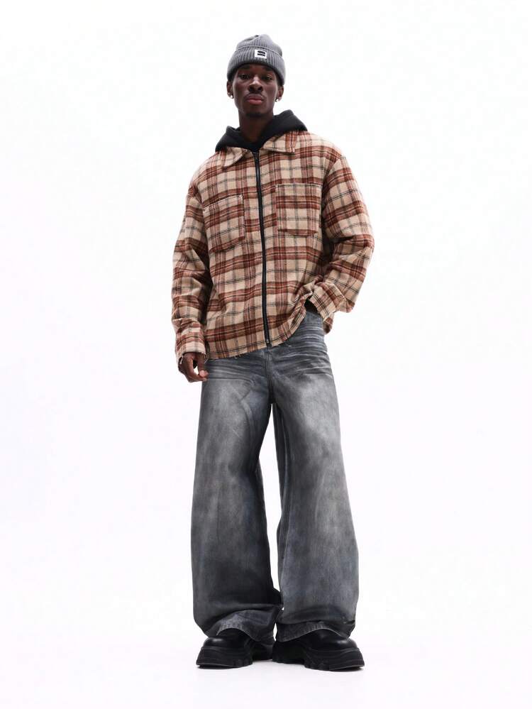 SUMWON Plaid Zip Shacket With Detachable Hood Fall Winter Casual Jacket