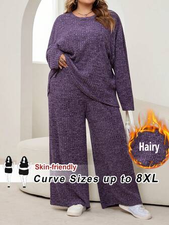 SHEIN CURVE+ Plus Size Solid Color Minimalist Daily Wear Round Neck Long Sleeve Top And Pants 2-Piece Set/Winter