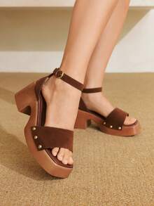 Styleloop Sandalias de tacón alto con suela gruesa para mujer, estilo bohemio para vacaciones - Marrón - Ver 3