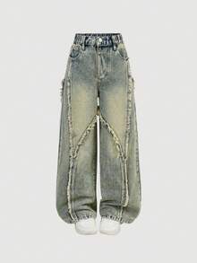 SHEIN ChillGRL 少女Y2K休闲复古水洗宽松喇叭牛仔裤，松紧腰带，柔软棉质牛仔面料，做旧质感，适合休闲、街头风、日常穿搭、城市漫步、OOTD（每日穿搭），2025新款 - 淺色水洗藍 - 查看 6