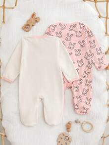 Cozy Pixies 新生女宝宝卡通兔子图案针织柔软圆领长袖连体衣及脚套两件套 - 粉色 - 查看 2