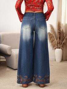 EMERY ROSE Quần jean ống rộng thêu hoa thường ngày cho nữ - Màu xanh lam - Xem 2