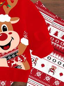 SHEIN Feliz Natal, Bebê Menina! Conjunto de moletom e calça com estampa natalina fofa e divertida de rena de desenho animado, vermelho, casual e folgado, com ombros caídos. Ideal para outono/inverno. - Multicolorido - Ver 6
