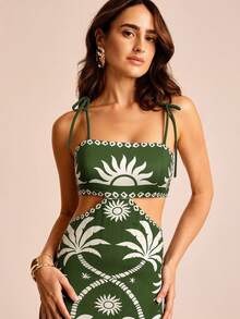 CAJUNI x Carol Peixinho Vestido casual vintage sin mangas con tirantes de encaje y cordones con diseño hueco - Verde - Ver 9