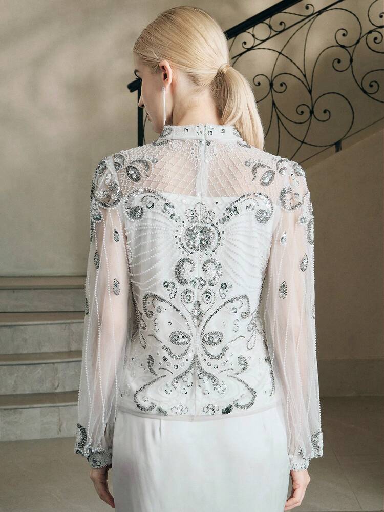 Women's Luxury Custom Beaded High-End Elegant Long Sleeve Top