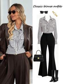 EMERY ROSE Camicetta casual a maniche lunghe e ampia con righe, versatile per l'uso quotidiano - Bianco - Visualizzare 1