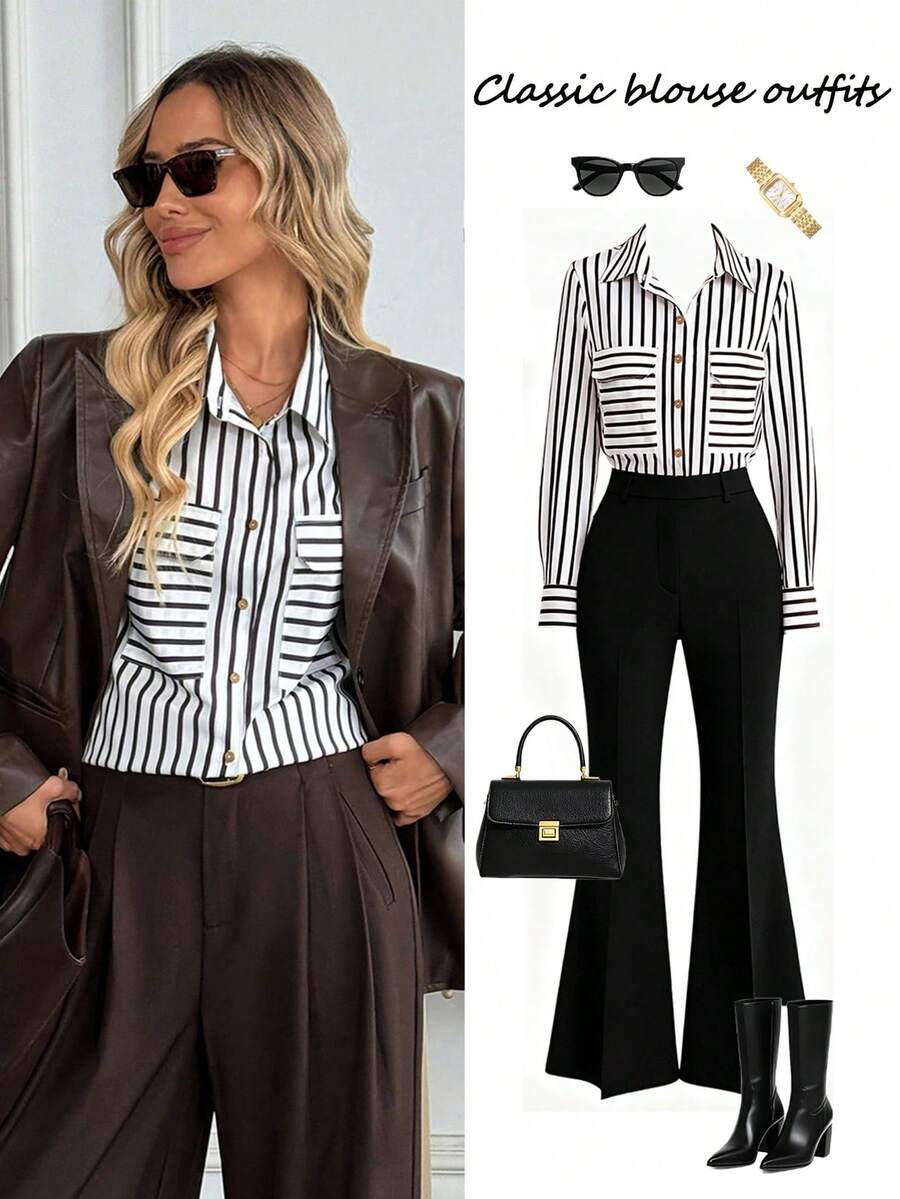 EMERY ROSE Camicetta casual a maniche lunghe e ampia con righe, versatile per l'uso quotidiano - Bianco - Visualizzare 1