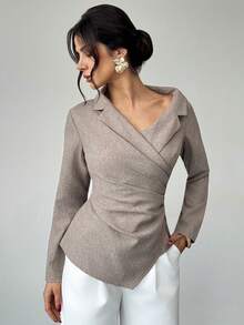 Firerie Women's Elegant New Minimalist Fashion Commuter Waist Pleated Slimming Asymmetric Hem Asymmetric Collar Long Sleeve Pullover Khaki Shirt - Khaki - View 9
